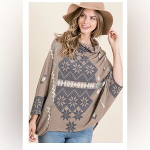 Elegant Tan and Blue Poncho Sweater